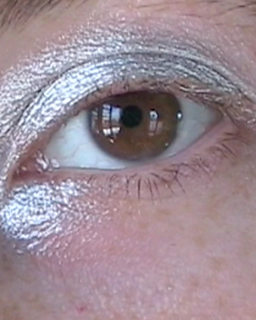 Close-up portrait of a brown human eye surrounded by silver eyeshadow, eyelashes, and skin with natural texture under soft lighting.