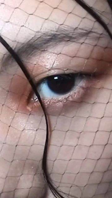 Close-up studio shot of an adult female's eye and part of her face, veiled in a black net fabric. The image is softly lit with warm tones.