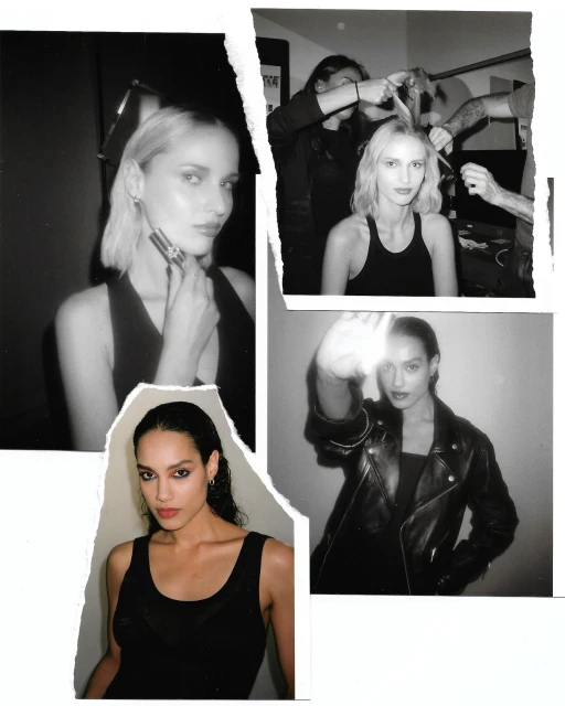 Black and white studio shot features a collage of fashion models and beauty professionals during a photoshoot, with a focus on makeup.