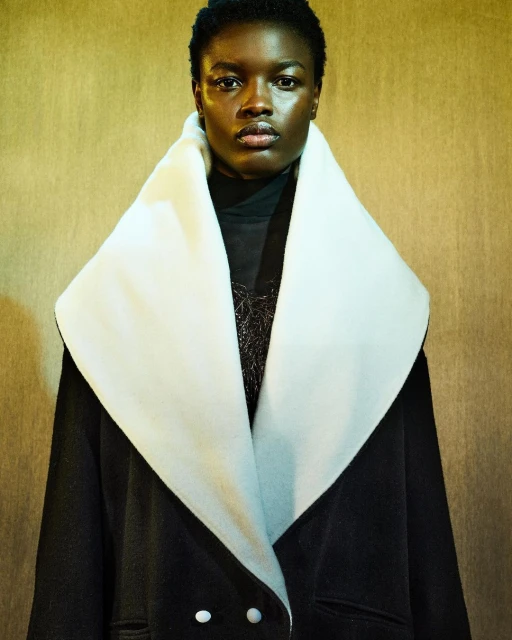 Elegant portrait of an African American woman wearing a black coat with a white collar against a textured gold background.