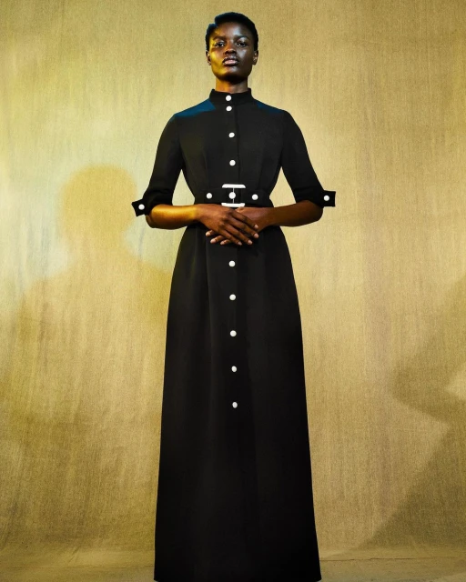Full-length portrait of a dark-skinned female model in a long-sleeved, ankle-length black dress with a high collar and white button details.