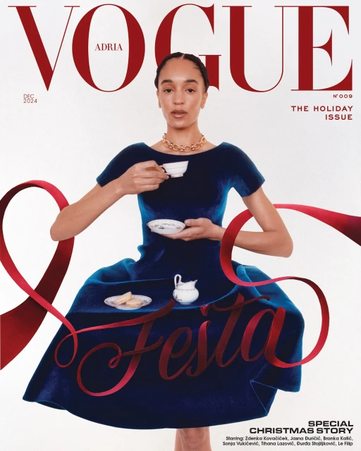 Vogue Adria cover featuring a woman in a blue dress holding a tea cup, with red ribbon accents and holiday-themed text overlays.