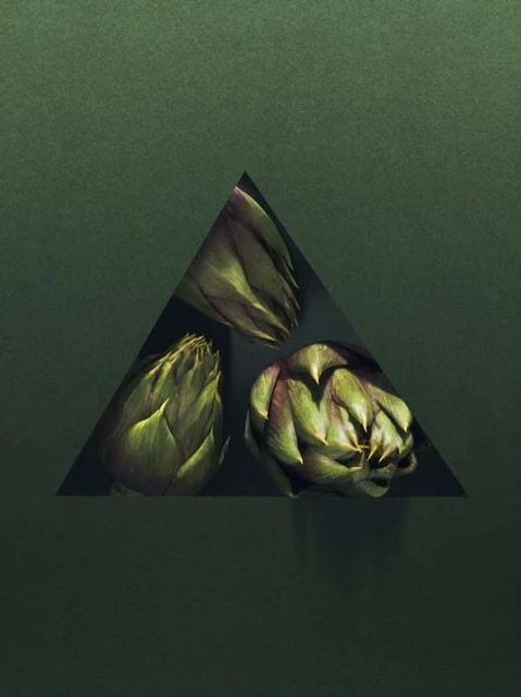 Three artichokes are positioned within a triangle cut out of a dark green surface, casting a shadow that enhances the composition.