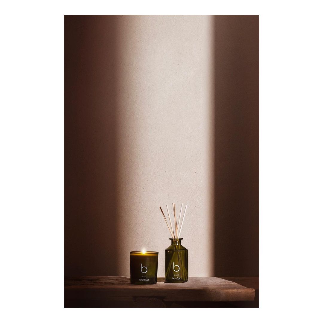 Olive-green candle and reed diffuser set on a wood shelf against a tan background with soft, natural light streaming from above.