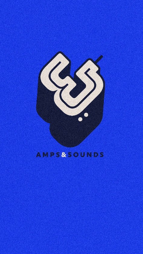 Abstract 3D logo design with stylized lettering for Amps and Sounds, set against a solid dark blue background.