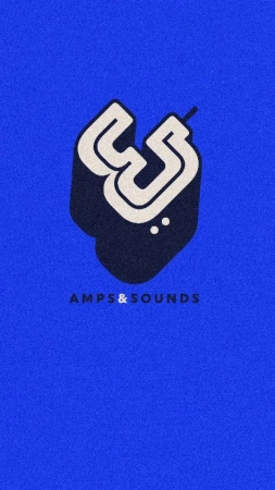 Abstract 3D logo design with stylized lettering for Amps and Sounds, set against a solid dark blue background.