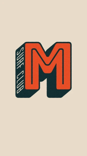 Graphic art of the letter M in orange with the text Surf Club in dark green along the side, set against a light beige background.