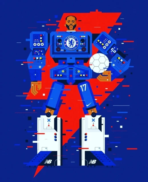 Illustration of an adult man's head atop a robot-like body in Chelsea Football Club colors, holding a soccer ball against a blue and red background.