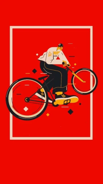 Illustration of a person riding a bike against a bright red background with a white border; geometric shapes add graphic detail.