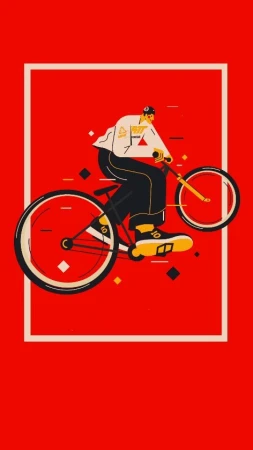 Illustration of a person riding a bike against a bright red background with a white border; geometric shapes add graphic detail.