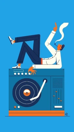 Stylized illustration of a man relaxing on a record player, puffing smoke, set against a blue background. 