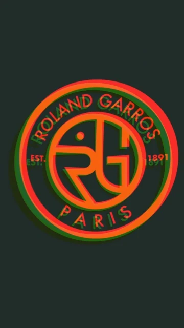 Roland Garros logo with layered orange and green lines forming circle and text, set against a dark background.