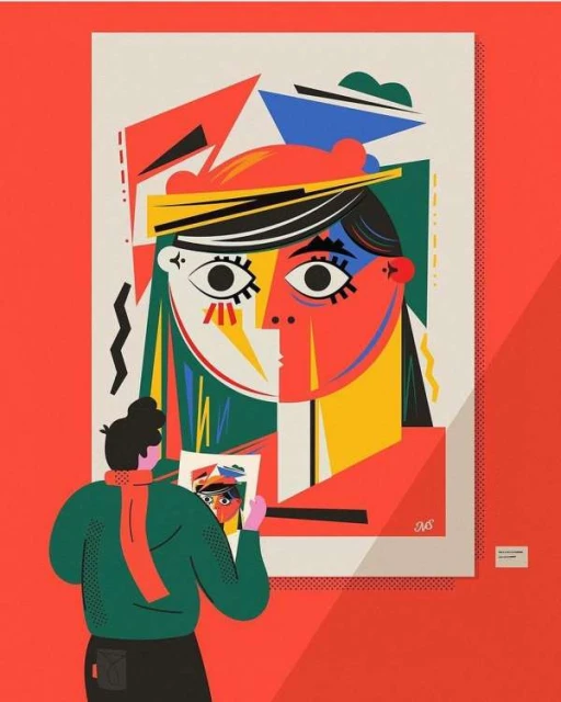 Woman viewed from the back in an art gallery looking at a modern abstract portrait. The artwork features geometric shapes.