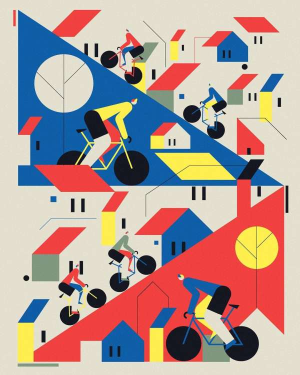 Stylized illustration of cyclists riding through a colorful town with geometric shapes and bold primary colors in a flat design aesthetic.