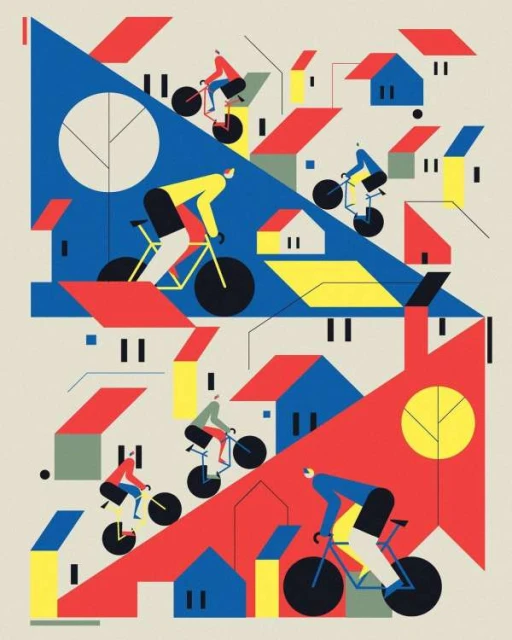 Stylized illustration of cyclists riding through a colorful town with geometric shapes and bold primary colors in a flat design aesthetic.