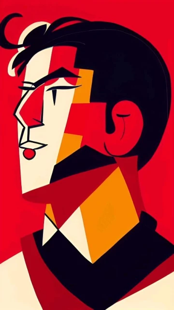 Illustration of a man with dark hair and a geometric-style red and black suit, against a solid red backdrop. 