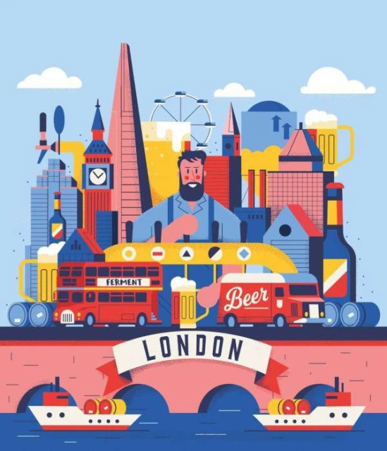 Colorful illustration of London with landmarks, a brewer, beer vehicles, and boats on the River Thames against a sky-blue backdrop.