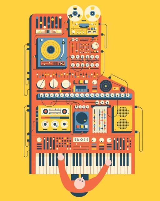 Stylized illustration of hands playing a complex, retro-futuristic piano-synthesizer contraption against a solid yellow background.