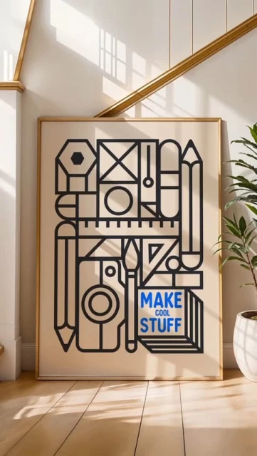 Framed artwork featuring geometric shapes and typography in a modern interior with a potted plant.