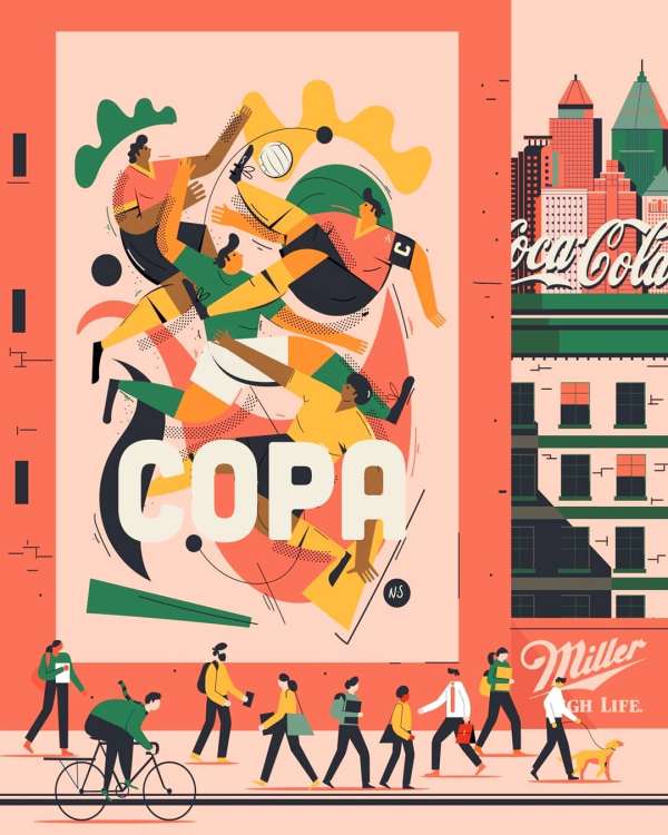 Colorful illustration of soccer players in action, a cityscape backdrop, and pedestrians on a sidewalk, blending sports and urban life.