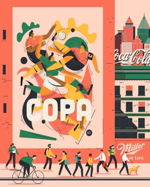 Colorful illustration of soccer players in action, a cityscape backdrop, and pedestrians on a sidewalk, blending sports and urban life.