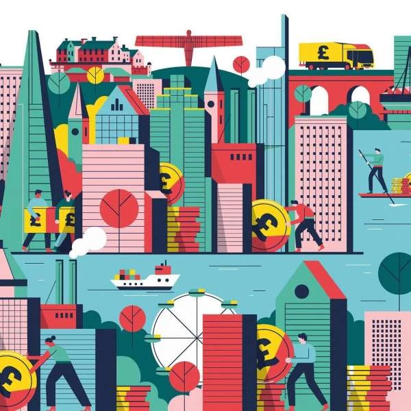 Colorful illustration of city buildings, water, and people carrying and rolling British pound currency; a truck is on a bridge.