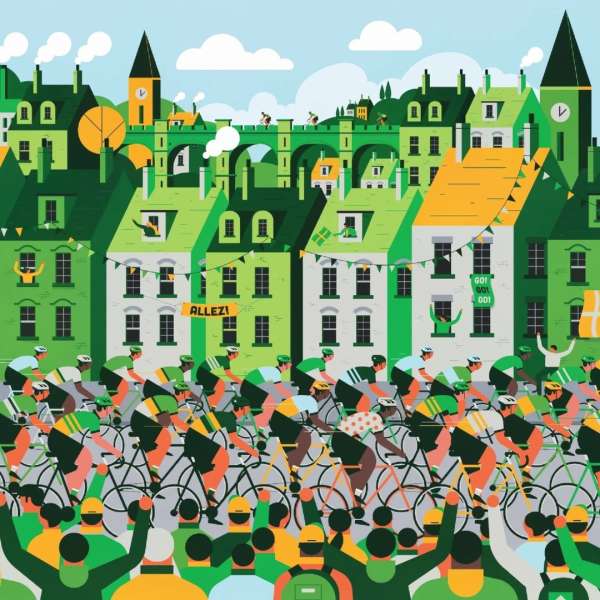 Illustration of cyclists racing through a green city with waving spectators and buildings with pennants, capturing the spirit of the Tour de France.