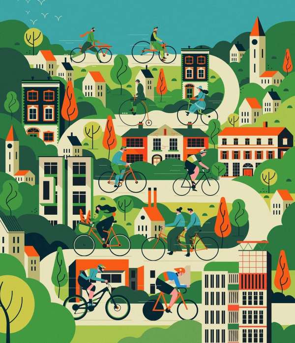 Illustration of cyclists riding bikes through an urban landscape with buildings, trees, and winding roads, in a colorful and stylized design.