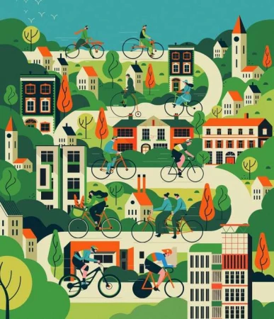 Illustration of cyclists riding bikes through an urban landscape with buildings, trees, and winding roads, in a colorful and stylized design.