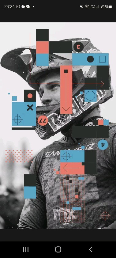 Man in helmet with geometric design overlay. T-shirt logo visible. Outdoor setting. Black, white, blue and red colors.