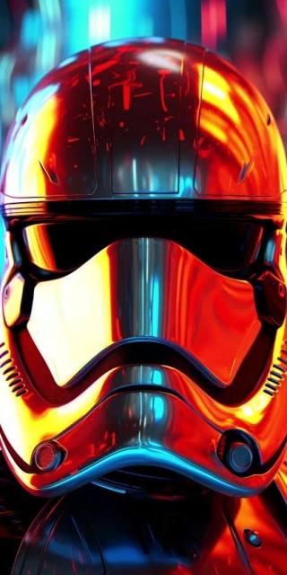 Close-up portrait of a Stormtrooper helmet, reflecting red, yellow, and blue lights, showcasing glossy metallic surfaces and intricate details.