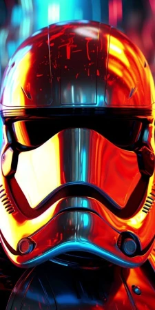 Close-up portrait of a Stormtrooper helmet, reflecting red, yellow, and blue lights, showcasing glossy metallic surfaces and intricate details.