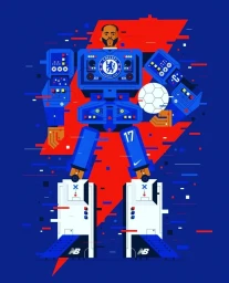 Illustration of a robotic soccer player built from machinery and sports gear holding a white soccer ball against a blue background