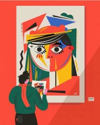 Illustration by Neil Stevens of a person in a green sweater viewing a large colorful abstract portrait on a red wall gallery