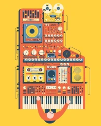 Illustration by Neil Stevens of a person playing a large synthesizer surrounded by audio equipment against a yellow background.