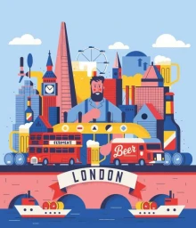 Illustrated poster of London with a bearded man, double-decker bus, and iconic skyline by Neil Stevens