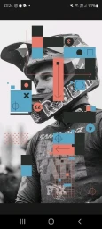 Monochrome portrait of a motocross rider wearing helmet and jersey, overlaid with graphic shapes and icons by Neil Stevens.