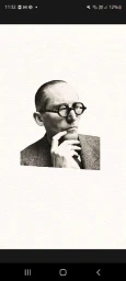 Portrait illustration by Neil Stevens of Le Corbusier wearing round glasses with a hand to his chin.