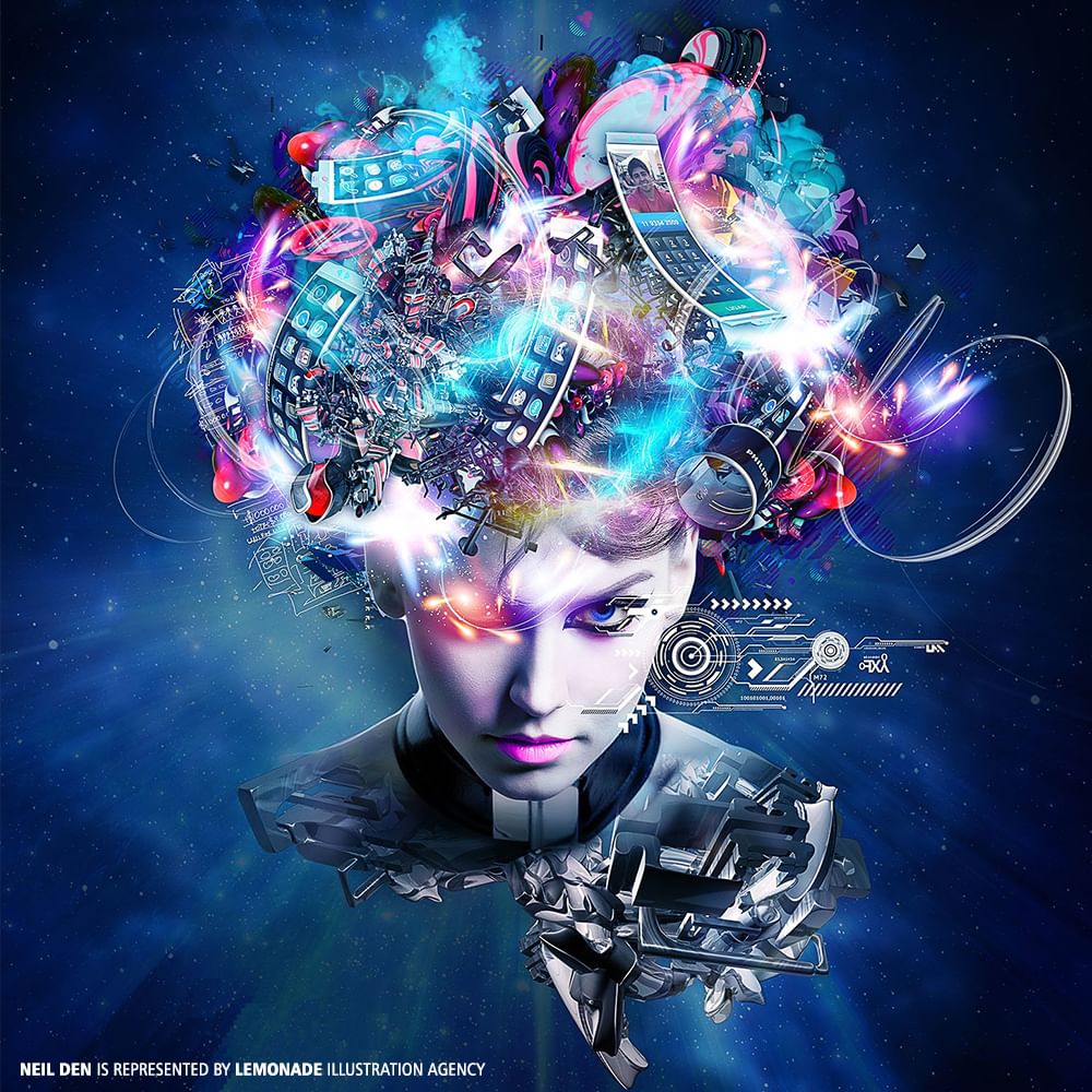 Digital illustration featuring an adult female's face, overlaid with technological elements, set against a dark blue cosmic background.