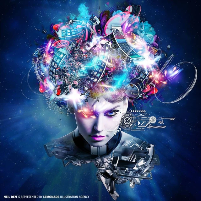 Digital illustration featuring an adult female's face, overlaid with technological elements, set against a dark blue cosmic background.