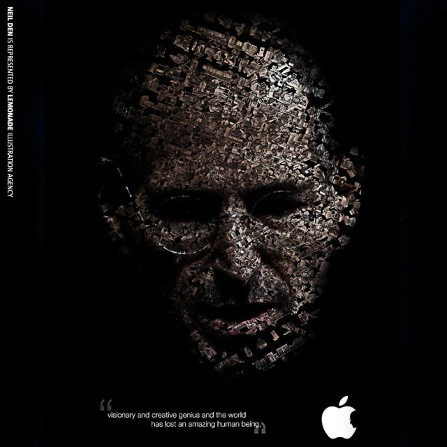 Artistic portrait of a male face constructed from geometric shapes and textures against a dark, shadowy background in an illustration.