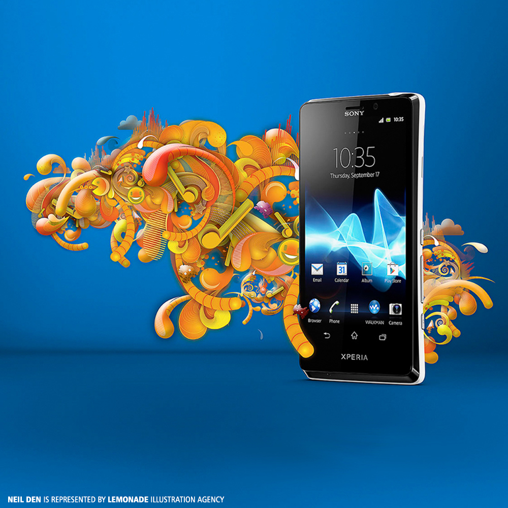Sony Xperia smartphone on blue background with stylized yellow and orange abstract design elements, product shot, technology.