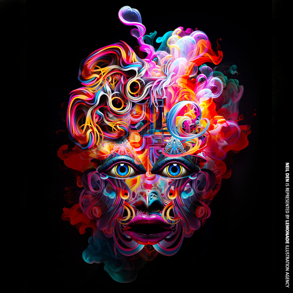 Abstract face illustration with vibrant swirls, geometric details, and symmetrical eyes on a dark background.