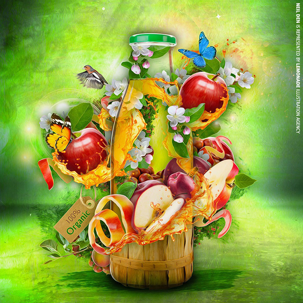 Illustration of a bottle with a colorful juice splash, surrounded by apples, blossoms, and butterflies, set against a textured green background.