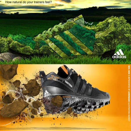 Adidas athletic shoe composite: top is nature-covered shoe in a field, bottom is a black Terrex shoe among dirt clods on orange gradient.