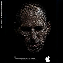 Portrait of Steve Jobs constructed from miniature tech device illustrations set against a dark background by Neil Den