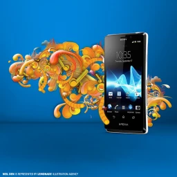 Sony Xperia smartphone positioned against a solid blue background with abstract orange and yellow digital illustrations.