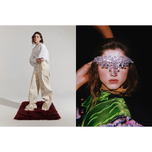 Two-panel fashion shot: one side shows a woman in oversized white top and tan pants; the other features her in a jeweled headpiece.
