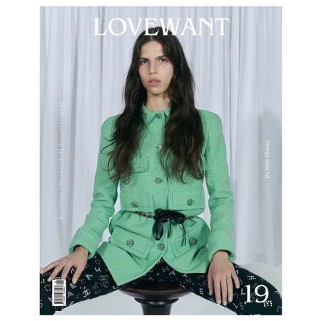 Magazine cover featuring a woman with long hair in a green jacket, sitting on a stool, with the 'LOVEWANT' title.