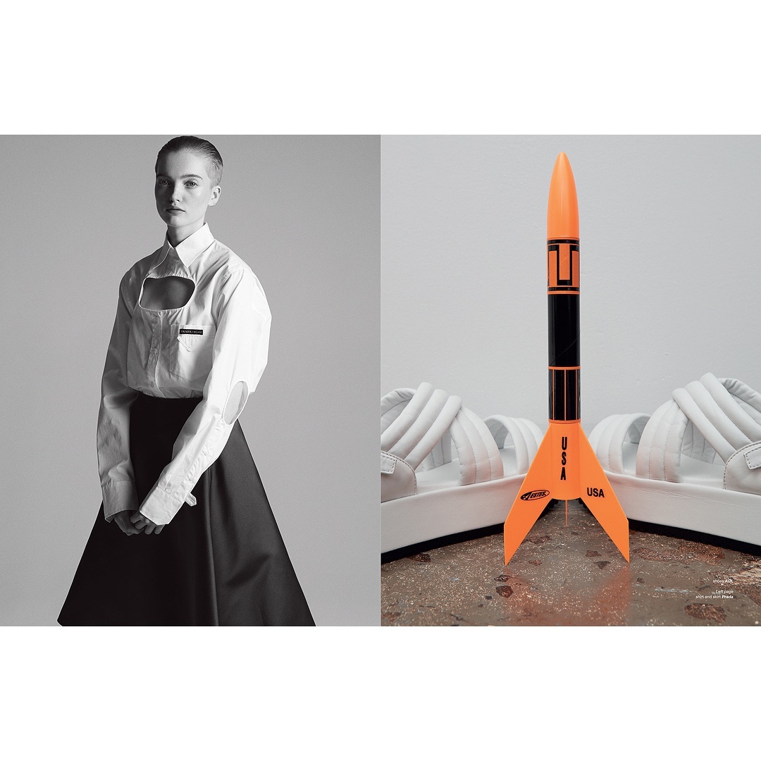 Monochrome portrait of a stylish woman in a white shirt and black skirt, contrasted with a toy rocket and platform sandals on the right.